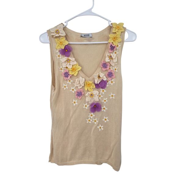 MOSCHINO CHEAP AND CHIC SZ 12 100% SILK 3D FLORAL V-NECK KNIT SLEEVELESS BLOUSE - Picture 1 of 5
